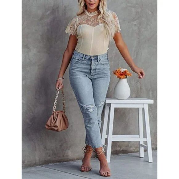 Beige Embroidered Crochet Lace Sheer Short Sleeve High Neck Top Blouse - Picture 4 of 8